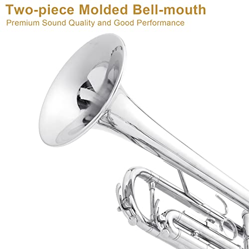 Ktaxon Bb Standard Trumpet For Beginners,Trumpet For Student With Hard Case,7C Mouthpiece,Cleaning Cloth,Gloves,Brass Instruments For Kids And Adults(Silver) #TOP4