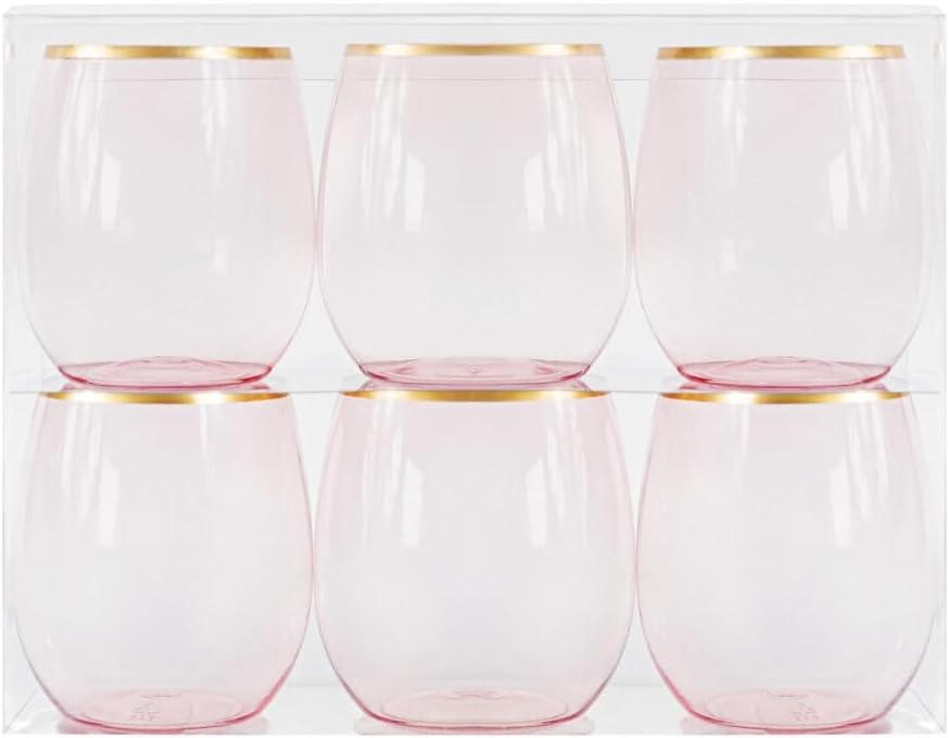 EcoQuality 12 oz Pink Plastic Stemless Wine Glasses with Gold Rim, Disposable Unbreakable Shatterproof Elegant and Reusable Wine Tumbler for Parties, Weddings, Ideal for Indoor or Outdoor Events (36)