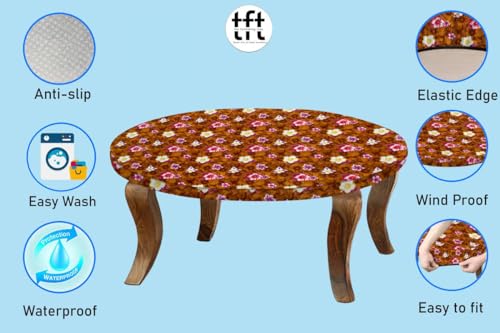 Image of The Furnishing Tree Round Elastic Fitted Center Tpoy Table Cover WxL 20x20 Inches Floral Pattern Orange
