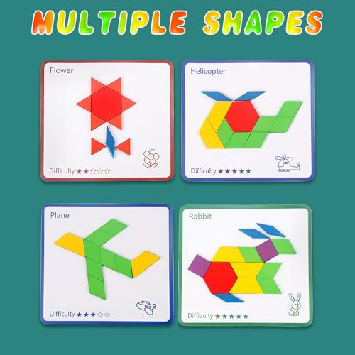 Image of 155 Pcs Wooden Pattern Blocks Christmas Stocking Stuffers Kids Toddlers, Math Games Shapes Blocks Homeschool Supplies with Cards Tangram Puzzles Montessori Educational Learning Toys for Kids Ages 4-8
