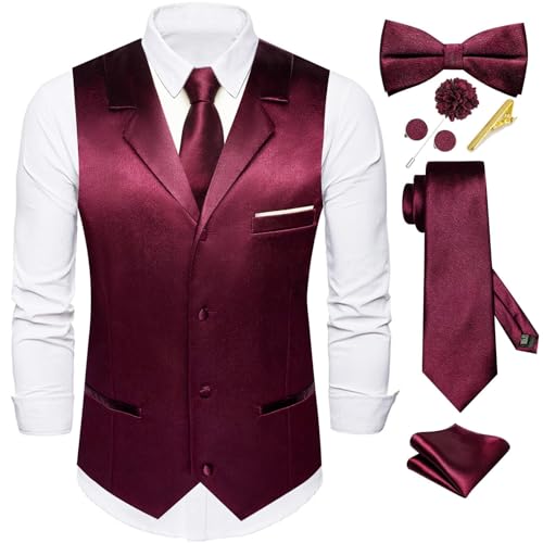 Dubulle Mens Satin Vest and Tie Solid Suit Waistcoat and Pre-tied Bowtie Set for Men Lapel Pin Wedding Party