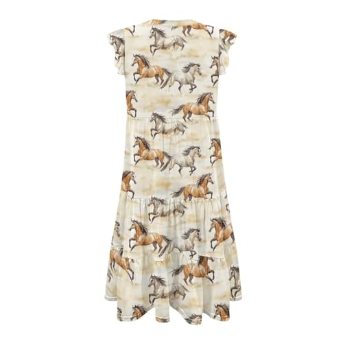 Image of Women's Casual Ruffle Sleeve Dress V Neck Pullover Dress Flowy A-Line Pleated Lightweight Dress with Pockets