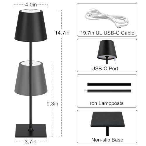 Image of Kakanuo Cordless Rechargeable Table Lamp Black 5000mAh Battery Operated Lamps, 3 Colors Stepless Dimming Touch Lamp for Living Room, Kitchen Counter, Dining, Outdoor Patio, 2 Pack