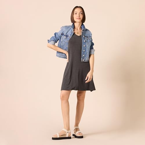 Image of Amazon Essentials Women's Regular Short-Sleeve V-Neck Mini A-line Swing T-shirt Dress, Charcoal Heather, Medium