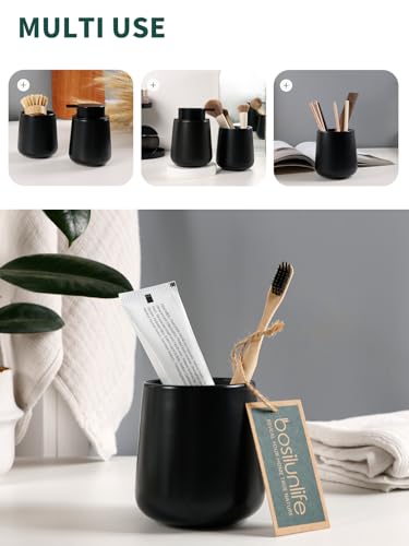 Image of Bosilunlife Soap and Toothbrush Holder Set - Ceramic Bathroom Accessories Set Black Foaming Hand Soap Dispenser Set Bathroom Counter Toothbrush Holder and Soap Dispenser Set
