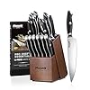Huusk Knife Set with Block - 14 Pieces Premium Stainless Steel Japanese Knives Set for Kitchen with Ergonomic Ivory White Handle Natural Wood Block Housewarming Gift for Women Men