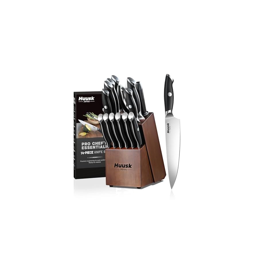 Huusk Knife Set with Block - 14 Pieces Premium Stainless Steel Japanese Knives Set for Kitchen with Ergonomic Ivory White Handle Natural Wood Block Housewarming Gift for Women Men