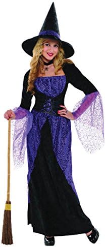 Emmas Wardrobe Purple Witch Fancy Dress Costume for Women - Adult Halloween Dress with fishnet tights. (Women: 14-16, Purple)