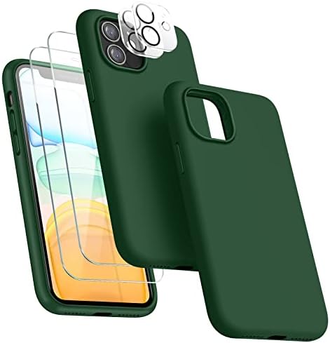JTWIE [5 in 1 for iPhone 11 Case 6.1 inch, with 2 Pack Screen Protector + 2 Pack Camera Lens Protector, Liquid Silicone Slim Shockproof Protective Phone Case [Microfiber Lining]… (Alpine Green)