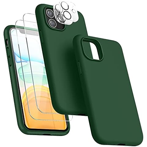 JTWIE [5 in 1 for iPhone 11 Case 6.1 inch, with 2 Pack Screen Protector + 2 Pack Camera Lens Protector, Liquid Silicone Slim Shockproof Protective Phone Case [Microfiber Lining]… (Alpine Green) Cover