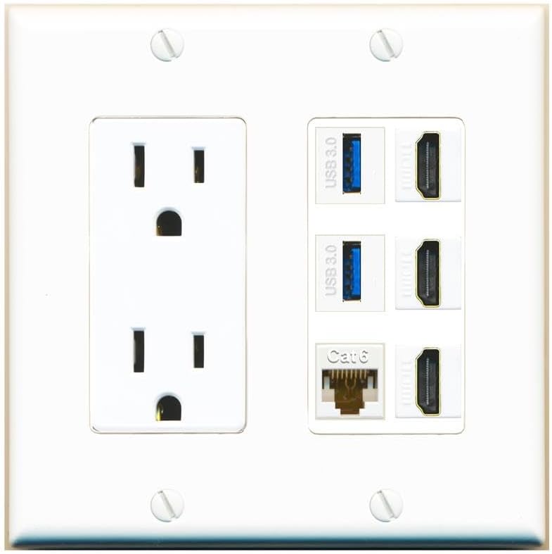 RiteAV 3 Port HDMI 2 Port USB 3.0 1 CAT6-RJ45 Wall Plate - Outlet [White]