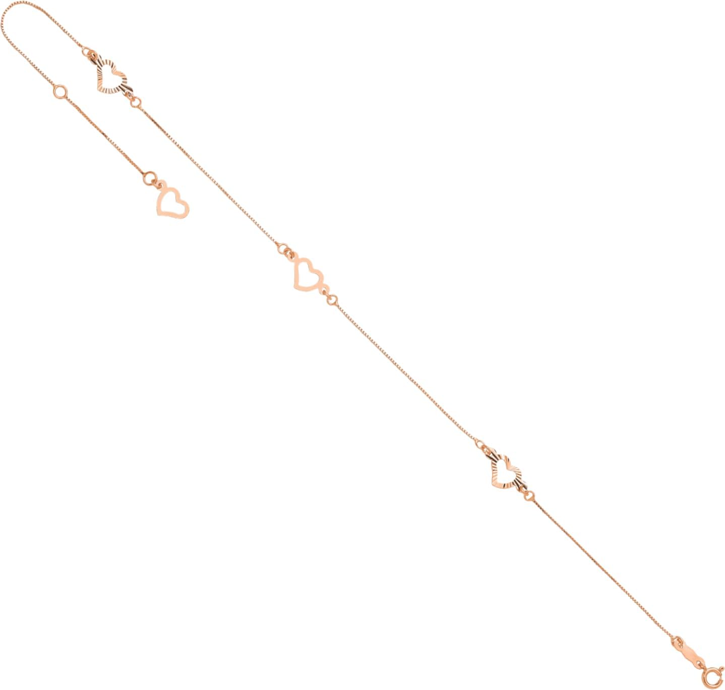 IceCarats 14K Solid Rose Gold 1mm Dainty Box Chain Heart Bracelet Anklet 9 Plus 1 inch Diamond Cut For Her