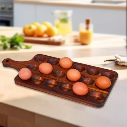 Generic Wood Egg Holder Rack Egg Organizer Rack Rustic Egg Platter Fruit Bread Serving Platter for Camping Cabinet Household Tabletop, 18 Holes with Handle