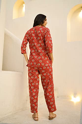 Image of SANSKRUTIHOMES Women's Premium 100% Cotton Printed Co-Ord Set | Short Sleeve Shirt & Pant Set | Pink Checkered Sun & Palm Tree Print | Casual Summer Resortwear, Vacation Wear & Comfortable Loungewear