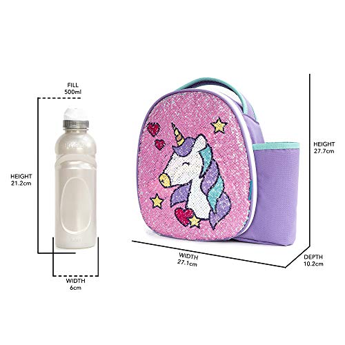 Smash 22841 Insulated, Polyester, 500 milliliters, Reverse Sequin Unicorn Lunch Bag and 500ml Bottle,8.5cm x 25.5cm x 25cm, Pink/ Purple