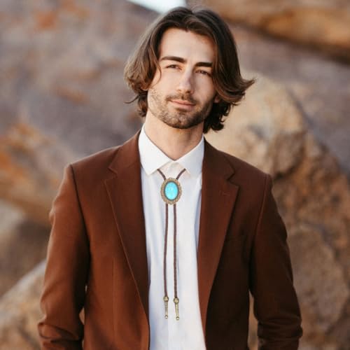 Image of AZORA Western Cowboy Bolo Tie Men Leather Necktie Leather Cord Turquoise Stone Bolo Ties for Men Women