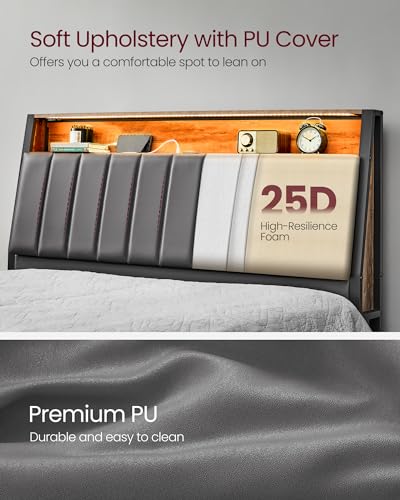 VASAGLE LED Bed Frame Queen Size, Storage Headboard and Charging Station, Queen Bed Frame with 2 AC Outlets, 1 USB Port, 1 Type-C Port, No Box Spring Needed, Dove Gray and Camel Brown URMB841G01