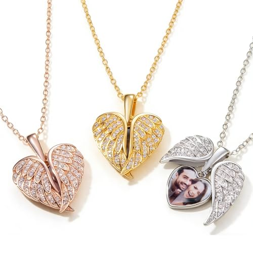 Personalisierte Engelsflügel-Herz-Foto-Medaillon-Halskette individuelles Bild 925er Sterlingsilber kreativer Anhänger Erinnerungsschmuck aufklappbar Geschenke für Frauen Mutter Oma Ehefrau