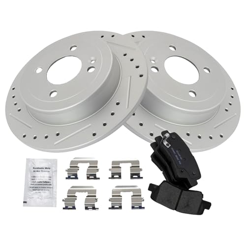 Image of TRQ Performance Rear Brake Pad and Rotor Set Ceramic Drilled Slotted Coated Rotors Compatible with 2012-2017 Hyundai Accent 2012-2017 Kia Rio