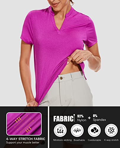 Meethoo Women's V Neck Golf Polo Shirts Collarless Short Sleeve Lightweight Business Casual Tennis Running T-Shirts Pink #TOP4