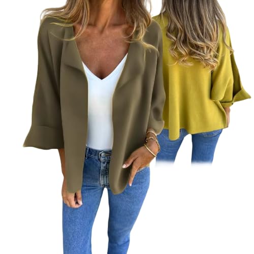 Peculiaral Faux Suede Cardigan Buttonless Solid Color Lapel Jacket, 3/4 Sleeve Lightweight Jackets for Women Casual