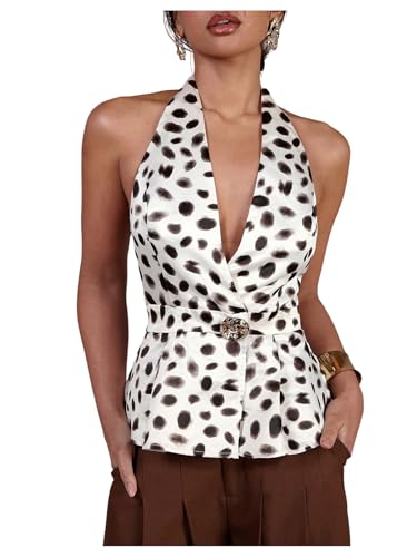 MakeMeChic Women's Polka Dots Halter Tops Deep V Neck Metal Decor Backless Ruffle Vest