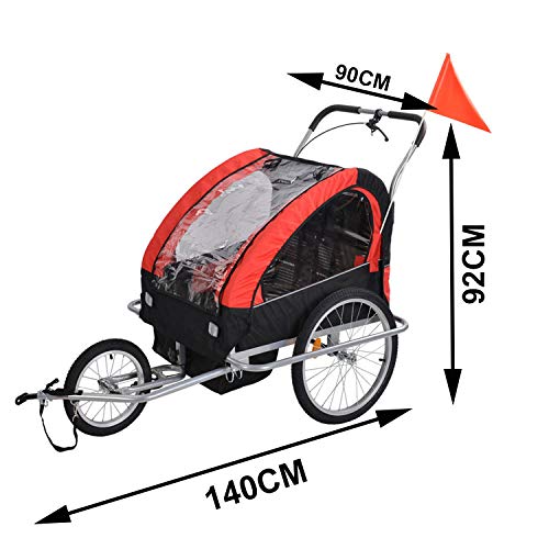 2-in-1 Double 2 Seat Bicycle Bike Trailer Jogger Stroller with Handle Bar and Wheels Bike Hitch Safety Flag, 20 Inch Wheel Size, Foldable Bike Wagon Trailer