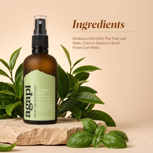 Image of Agapi Sikkim Tea Tree & Basil Facial Mist-handcrafted, sustainable, and luxurious. Clarifying, hydrating, antibacterial & anti-inflammatory. Soothes sensitive skin, controls oil, refreshes on the go.