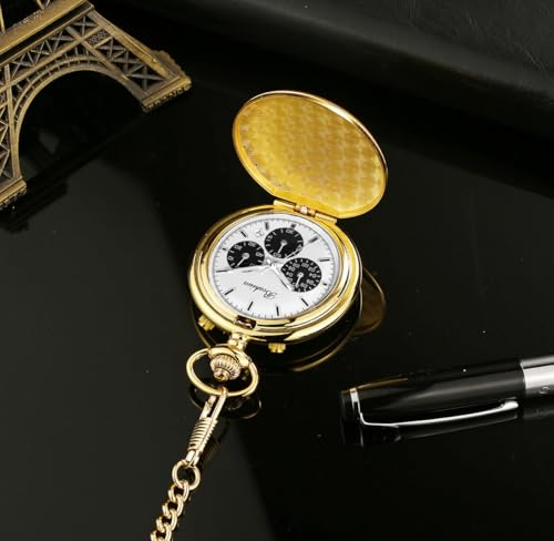 Image of BOSHIYA Smooth Quartz Pocket Watches for Men Multifunctional Chronograph Classic Vintage Mens Womens Pocket Watch with Chain Christmas Graduation Birthday Gifts Fathers Day