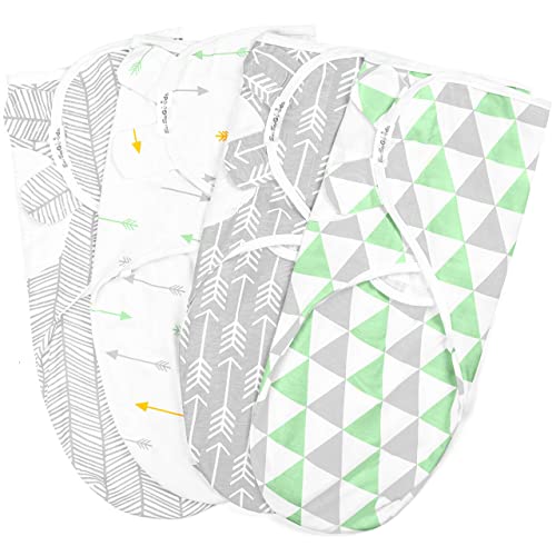 Image of BaeBae Goods Swaddle Blanket, Adjustable Infant Baby Swaddling Wrap Set of 4, Baby Swaddling Wrap Blankets for Boys and Girls Made in Soft Cotton (Green/Grey Triangles, 3-6 Months)