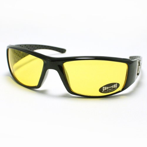 Mens Choppers Sunglasses Biker Motorcycle Logos Cross All Black Yellow Lens3