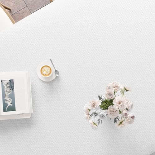 Image of Encasa XO Dining Table Cover Rectangular 142x183 cm | Waterproof Textured Polyester Dining Table Cloth | Machine Washable Tablecloth | ZZ White