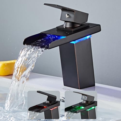 OUGOO Robinet de lavabo LED à levier unique RVB 3 couleurs changeantes avec capteur de température, mitigeur cascade en laiton pour salle de bain, noir