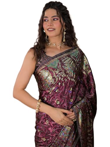 Image of Satrani Women's Crepe Foil Printed Weaving Banarasi Saree with Unstitched Blouse Piece
