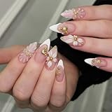 Bubaxuce Ongles Press On En Dentelle Blanche Française, Faux Ongles Moyens En Forme D’Amande, Décor 3D Fleur, Autocollants Brillants En Or, Strass, Étoiles, Perles Pour O