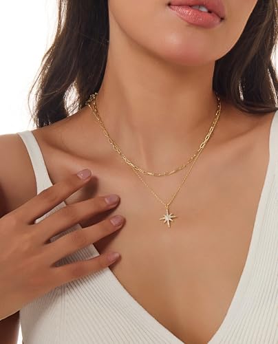 Gold Necklace for Women Dainty Layered Diamond Necklace Trendy 14K Gold Plated Paperclip Choker Necklaces Cute Minimalist Open Oval Star Necklaces Jewelry for Women Gifts