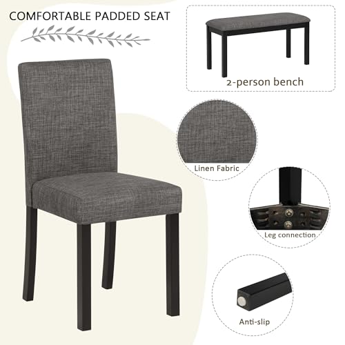 Image of KEIKI 6-Piece Standard Height Dining Table Set with Rectangular Table, 4 Upholstered Curved Backrset Chair, Bench, for 6 Person, Modern Table Set, Easy Assembly, for Kitchen, Dining Room, Black+Gray