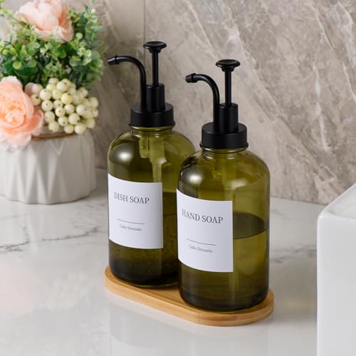 Image of Glass Soap Dispenser with Pump, Dish and Hand Soap Dispenser for Kitchen Bathroom Set, Clear Glass Dispenser Set of 2 Pack with 18 Stickers Funnel Bamboo Tray 500ml 18oz Olive Green