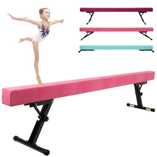 Kegoupdys Poutre de Gymnastique 245 cm Poutre D'équilibre Pliable pour Enfant, 5 Réglages de Hauteurt Rose.