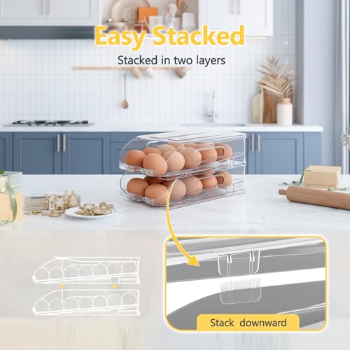 Egg Holder for Fridge, Automatic Steady Rolling Egg Container with Soft Bumpers & Handle for Refrigerator, Stackable Fridge Organizers and Storage with Lid - Image 6