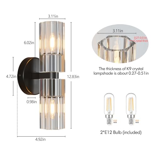 Image of 2 Light Black Wall Sconces Crystal Wall Sconce Modern Wall Sconces with K9 Crystal Lampshade Hallway Indoor Sconces Wall Lighting for Bathroom Entryway Stairway(1-Pack)