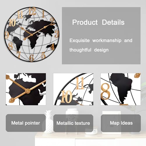 Large World Map Wall Clock, Metal Minimalist Modern Clock,Round Silent Non-Ticking Battery Operated Wall Clocks for Living Room/Home/Kitchen/Bedroom/Office/Farmhouse Decor (24 Inch)