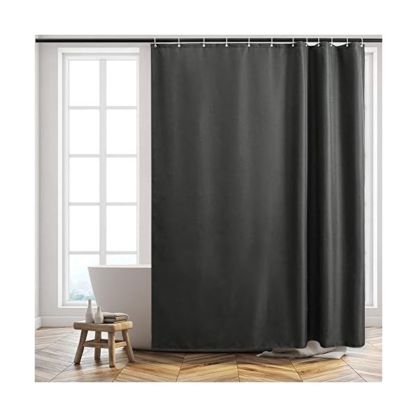 Furlinic Duschvorhang Überlänge 180x210 für Badewanne und Bad Schwerer Badvorhang aus Stoff Wasserabweisend Waschbar Anti-shcimmel Shower Curtains mit 12 Duschringen Waffelmuster Dunkelgrau. – Bild 3