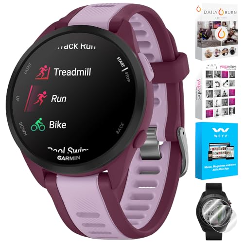 Garmin 010-02863-33 Forerunner 165 Music Smart Sport Watch, Berry + Lilac | Modelo oficial de socio de EE. UU. | Paquete con 2 protectores de pantalla Deco Essentials y suite Tech Smart USA Fitness &