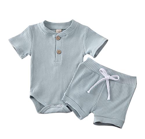 Newborn Baby Boy Clothes Knitted Pajamas Short Sleeve Button Down Romper+Shorts 2Pcs Summer Outfits Set (Blue 1, 6-12 Months)