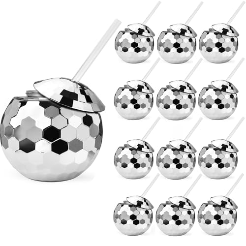 ALINK Disco Ball Cups with Straws 20 OZ Silver Sparkly Disco Party Tumbler for Bachelorette Hen Party Bride Shower 1970s Night Party Birthday Party Decorations Pack of 12