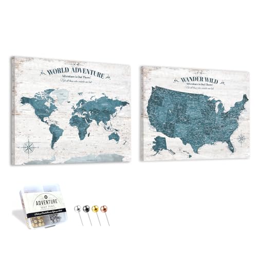Image of IPIC - Antique Blue World Map & USA Map Canvas Wall Art Set of 2, Travel Wall Decor with Pins Included, Ready to Hang for Office or Living Room, 30x24 Inch