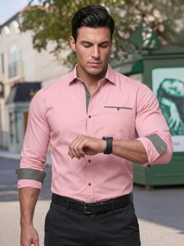 Image of Men's Cotton Blend Shirt with Solid Long Sleeves Spread Coller Neck Regular Fit Single Chest Pocket and Standard Length | Cotton Casual Shirt for Man