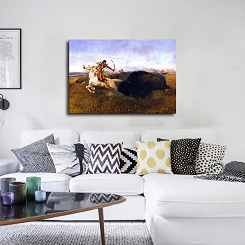 Wall Decor Indians Hunting Buffalo Poster Wall Art Printing Picture Canvas Home Decor Room Decor Painting (8X12Inch-Framed) #TOP1