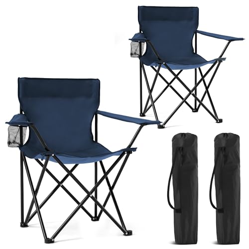2 Pack Portable Camping Chairs Folding Lawn Chair Outdoor Lightweight Beach Chair with Cup Holder & Carry Bag for Outside Sports, Fishing, Hiking, Travel, Picnic, Backyard (Navy)